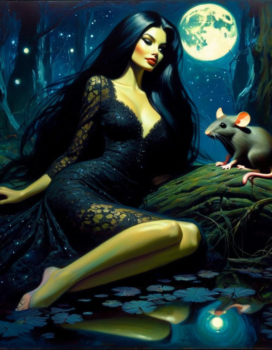 Very attractive girl with long black hair, rests by a dark swamp, with two mice next to her, friendly, magical, fantastic mice, sexy black lace dress, night sky, moon, stars, background (art inspired by Bill Sienkiewicz ). oil painting)
