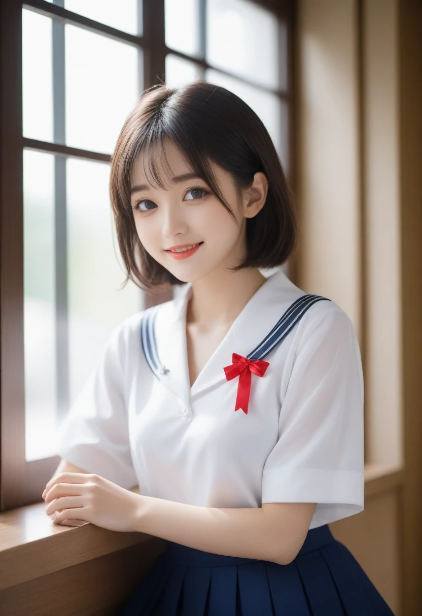 8K, Ultra-high resolution, Highest quality, masterpiece, 三分割法によるphotograph,Surreal, photograph, 1 girl, (:1.3), pretty girl, Cute face, Beautiful eyes in every detail, 細かくdetailedに,masterpiece,, One Girl:1.2, Japan Female Announcer,whole body、Black Hair、well-groomed eyebrows、Cute Lip Makeup、Calm atmosphere、A short-sleeved shiny dark sailor suit、White sailor collar、Navy blue pleated skirt、Red ribbon、White Stockings、Standing by the window of a classroom、Cute gestures、so beautiful,A carefree smile,Healing the heart,short hair,Looking at the audience、beauty,Long neck、Laugh a little、Please close your mouth and laugh、(((Ideal body type))),A-cup small breasts :2,、Portraiture:2、Perfect Anatomy、鮮明なdetailed、detailed、Surreal、Light and shadow,Strong light