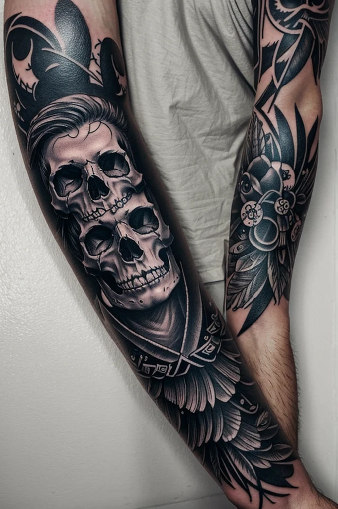 Create a full forearm tattoo design that has skulls and crows 