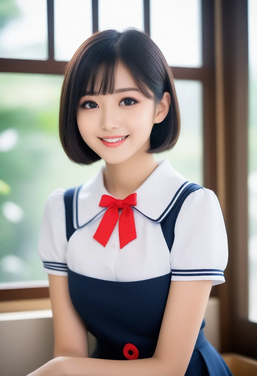 8K, Ultra-high resolution, Highest quality, masterpiece, 三分割法によるphotograph,Surreal, photograph, 1 girl, (16 years old:1.3), pretty girl, Cute face, Beautiful eyes in every detail, 細かくdetailedに,masterpiece,, One Girl:1.2, Japan Female Announcer,whole body、Black Hair、well-groomed eyebrows、Cute Lip Makeup、Calm atmosphere、A short-sleeved shiny dark sailor suit、White sailor collar、Navy blue pleated skirt、Red ribbon、White Stockings、Standing by the window of a classroom、Cute gestures、so beautiful,A carefree smile,Healing the heart,short hair,Looking at the audience、beauty,Long neck、Laugh a little、Please close your mouth and laugh、(((Ideal body type))),A-cup small breasts :2,、Portraiture:2、Perfect Anatomy、鮮明なdetailed、detailed、Surreal、Light and shadow,Strong light