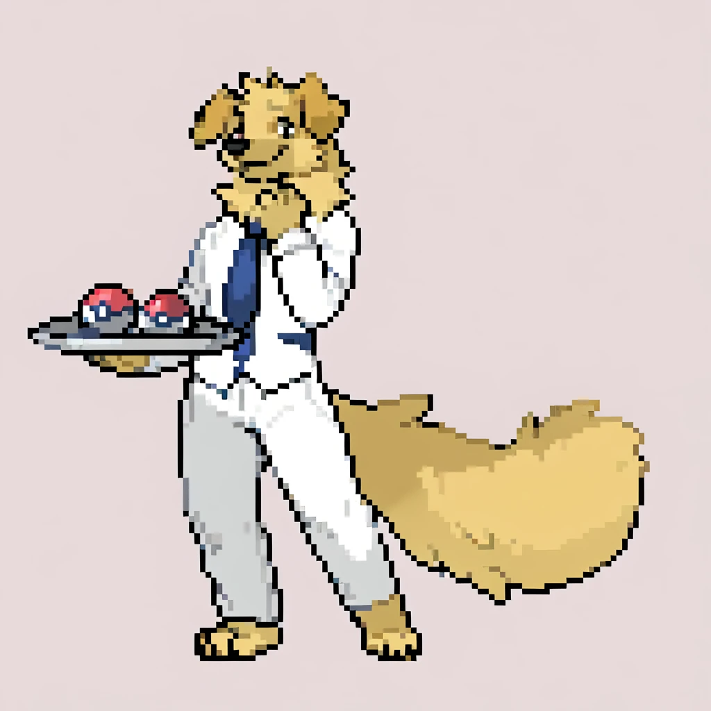 canid, canine, canis, mammal, mythological_canine, were, werecanid, werecanine, golden_retriever, dog, yellow_body, yellow_fur, black_nose, serving_tray, holding_serving_tray, pokéballs_on_tray, white_suit, black_pants, blue_tie, male, fingers, fluffy, fluffy_tail, fur, thin_anthro, full_body, solo, digital_media_(artwork), hi_res, masterpiece,
