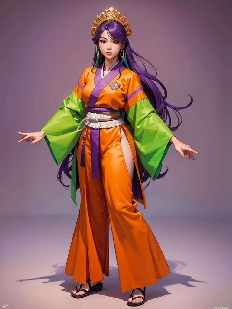 ((best quality)), ((4k)), ((highres)), ((masterpiece:1.2)). ((detailed)), ((ultra realistic)), ((intricate details)), ((full body picture)), ((character design sheet)), ((blank background)), ((standing in a blank background)), a full body shot of a beautiful martial arts korean goddess, martial arts korean goddess, martial arts goddess, fantasy female fighter, fighting game character, full body concept art, character design, gorgeous female matial artist, she's dressed in a purple, green and orange outfit, ((purple, green and orange outfit)), ((multi-colored outfit))