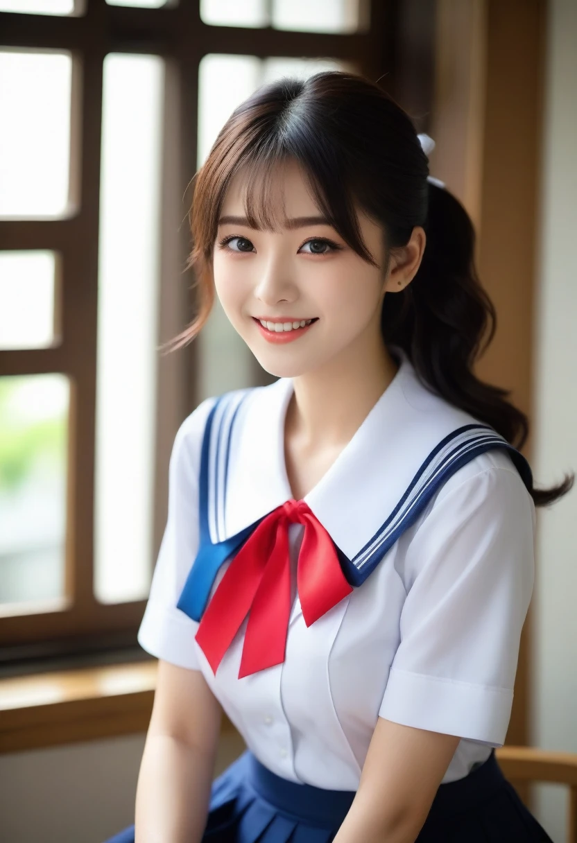 8K, Ultra-high resolution, Highest quality, masterpiece, 三分割法によるphotograph,Surreal, photograph, 1 girl, (16 years old:1.3), pretty girl, Cute face, Beautiful eyes in every detail, 細かくdetailedに,masterpiece,, One Girl:1.2, Japan Female Announcer,whole body、Black Hair、well-groomed eyebrows、Cute Lip Makeup、Calm atmosphere、A short-sleeved shiny dark sailor suit、White sailor collar、Navy blue pleated skirt、Red ribbon、White Stockings、Standing by the window of a classroom、Cute gestures、so beautiful,A carefree smile,Healing the heart,short hair,Looking at the audience、beauty,Long neck、Laugh a little、Please close your mouth and laugh、(((Ideal body type))),A-cup small breasts :2,、Portraiture:2、Perfect Anatomy、鮮明なdetailed、detailed、Surreal、Light and shadow,Strong light
