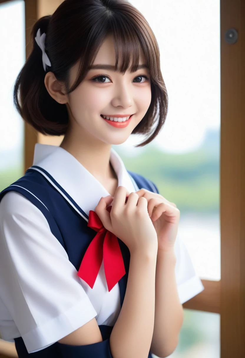 8K, Ultra-high resolution, Highest quality, masterpiece, 三分割法によるphotograph,Surreal, photograph, 1 girl, (16 years old:1.3), pretty girl, Cute face, Beautiful eyes in every detail, 細かくdetailedに,masterpiece,, One Girl:1.2, Japan Female Announcer,whole body、Black Hair、well-groomed eyebrows、Cute Lip Makeup、Calm atmosphere、A short-sleeved shiny dark sailor suit、White sailor collar、Navy blue pleated skirt、Red ribbon、White Stockings、Standing by the window of a classroom、Cute gestures、so beautiful,A carefree smile,Healing the heart,short hair,Looking at the audience、beauty,Long neck、Laugh a little、Please close your mouth and laugh、(((Ideal body type))),A-cup small breasts :2,、Portraiture:2、Perfect Anatomy、鮮明なdetailed、detailed、Surreal、Light and shadow,Strong light