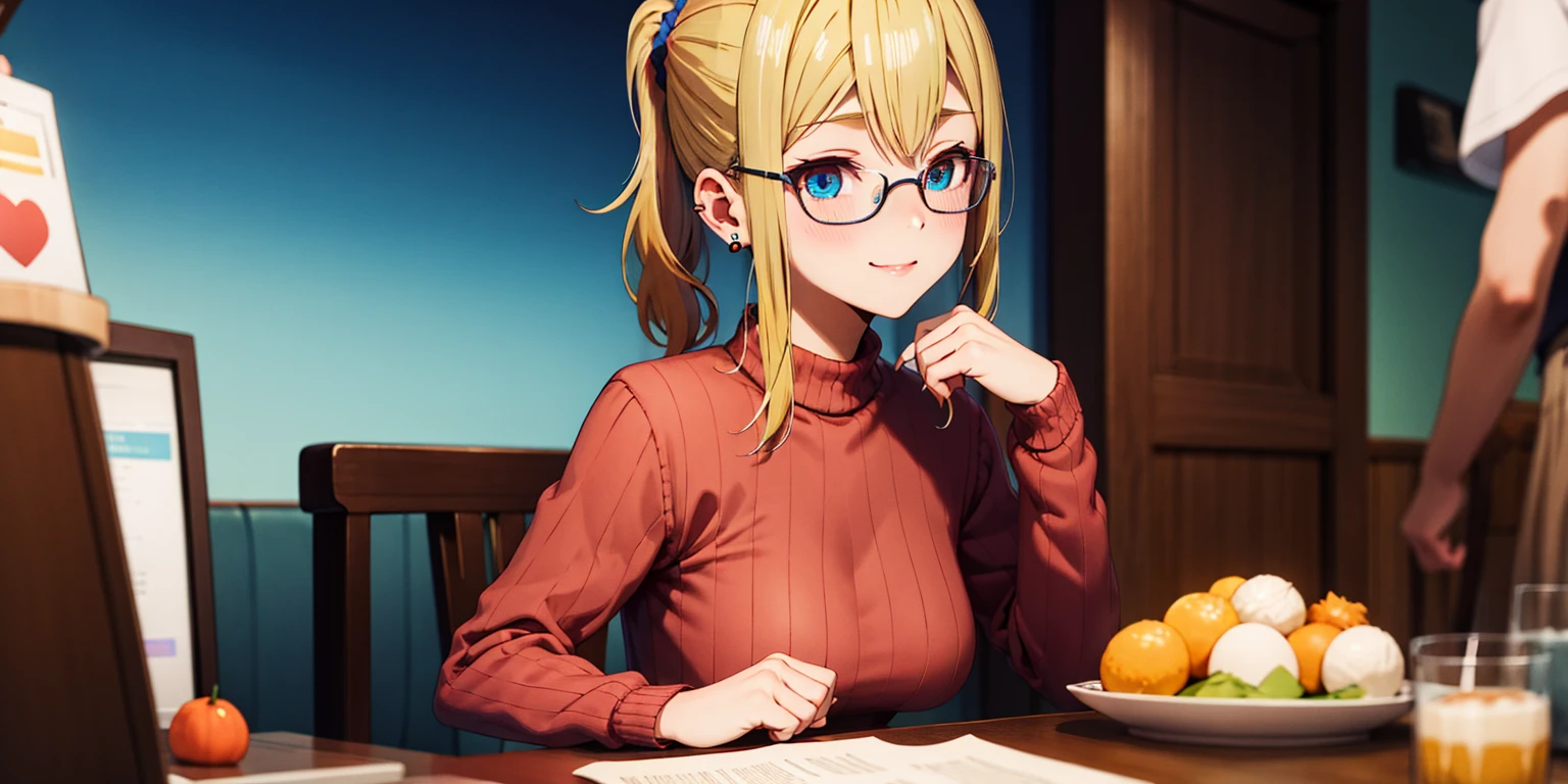 anatomically correct, best quality, masterpiece, high quality, high details, highres, HD, (shaded face:1.2), hollow eyes, dark-blue eyes, looking at viewer, seductive smile, glasses, lips, aihayasakav4, blonde hair, side ponytail, scrunchie, solo, blurry, 1girl, depth_of_field, earrings, blurry_background, breasts, jewelry, bookshelf, red_eyes, indoors, table, sweater, solo, large_breasts, looking_at_viewer, blurry_foreground, long_sleeves, closed_mouth, bangs, blush, pantyhose, hand_on_own_cheek, sidelocks, breast_rest, ribbed_sweater, apunto de exlotar, muy ajustado, se marcan los pezones, bang ,la tetas apretadas, muy ajustada, tetas emormes , ropa miy apretada
