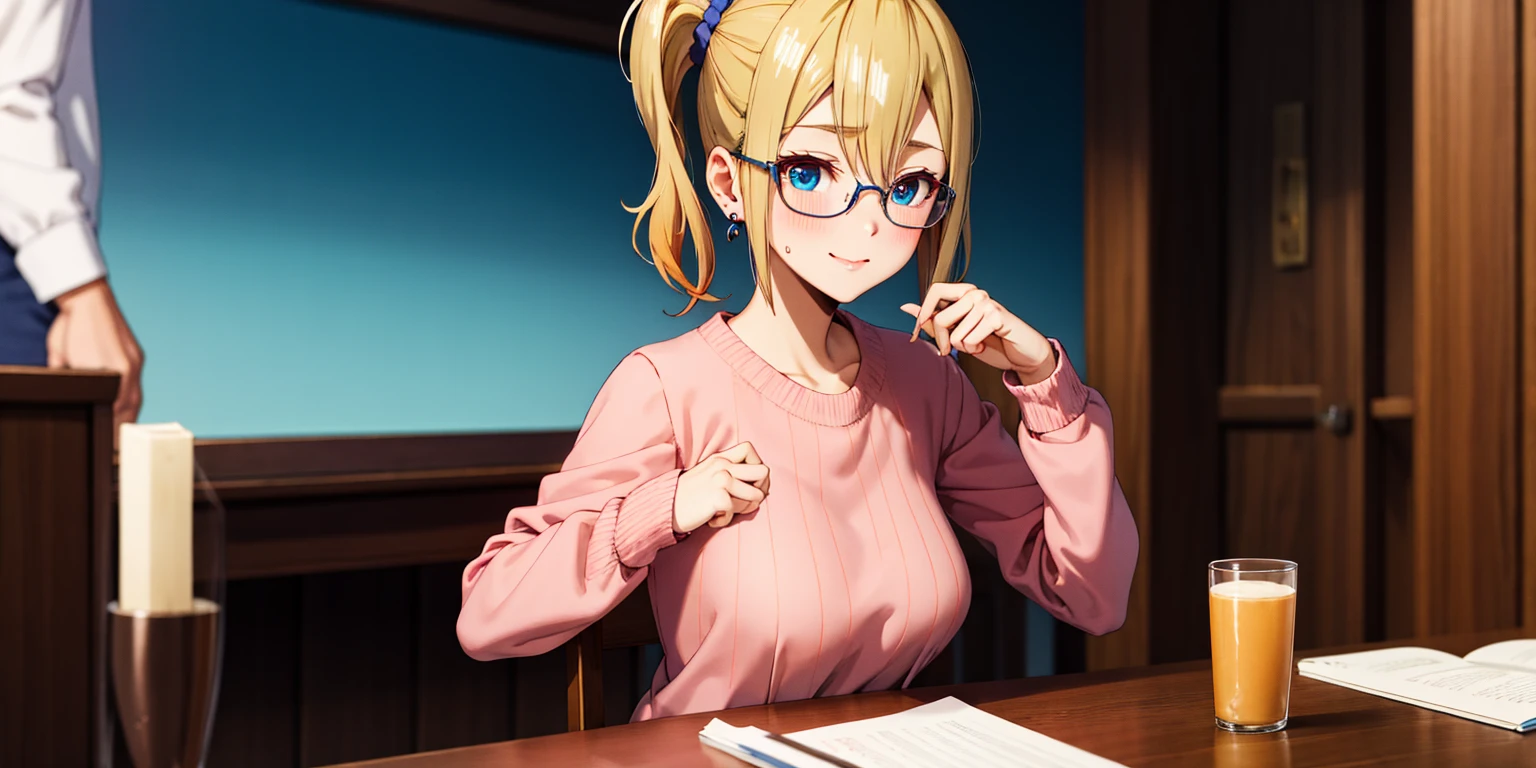 anatomically correct, best quality, masterpiece, high quality, high details, highres, HD, (shaded face:1.2), hollow eyes, dark-blue eyes, looking at viewer, seductive smile, glasses, lips, aihayasakav4, blonde hair, side ponytail, scrunchie, solo, blurry, 1girl, depth_of_field, earrings, blurry_background, breasts, jewelry, bookshelf, red_eyes, indoors, table, sweater, solo, large_breasts, looking_at_viewer, blurry_foreground, long_sleeves, closed_mouth, bangs, blush, pantyhose, hand_on_own_cheek, sidelocks, breast_rest, ribbed_sweater, apunto de exlotar, muy ajustado, se marcan los pezones, bang ,la tetas apretadas, muy ajustada, tetas emormes , ropa miy apretada