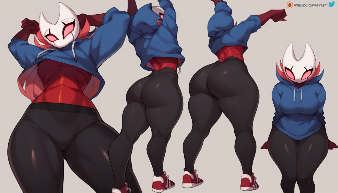 score_9, score_8_up, score_7_up, score_6_up, zPDXL2, grimm \(hollow knight\), vampire, bat, 1boy, solo, cute face, detailed eyes, portrait, thick thighs, anthro, thick ass, pov, tight black sports pants, cinematic angle, blue large hoodie, cool pose, red sports gloves, pov, sneakers, exercising, background, (dynamic poses), seductive look, Stretching 