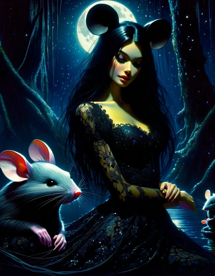 a girl with long, flowing black hair resting by a dark swamp, with two friendly, magical, fantastical mice next to her, wearing a sexy black lace dress, against a night sky with a full moon and glittering stars, (best quality,4k,8k,highres,masterpiece:1.2),ultra-detailed,(realistic,photorealistic,photo-realistic:1.37),dark fantasy, moody, atmospheric, dramatic lighting, vibrant colors, highly detailed, intricate, painterly (art inspired by Bill Sienkiewicz ). oil painting)