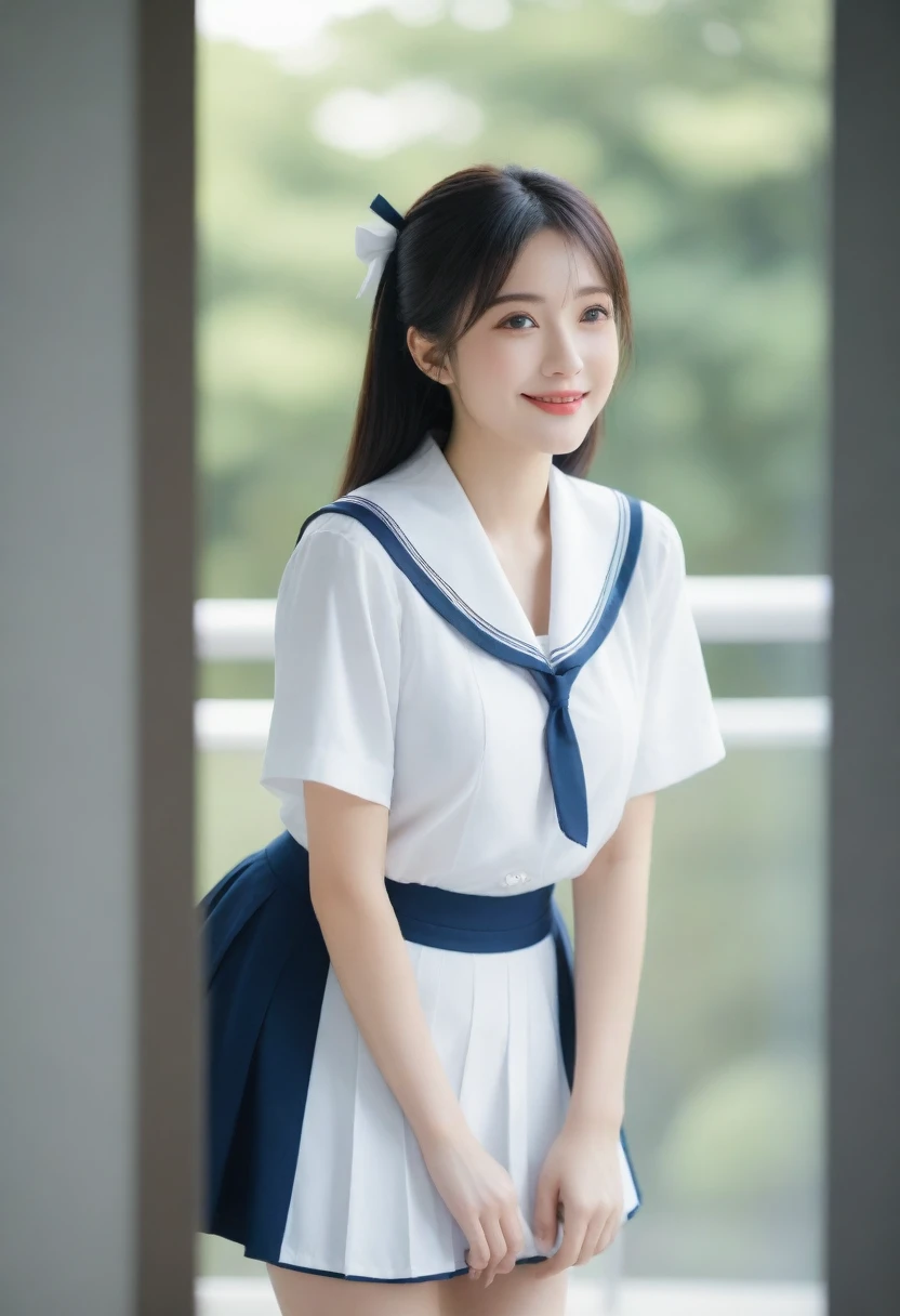 8K, Ultra-high resolution, Highest quality, masterpiece, 三分割法によるphotograph,Surreal, photograph, 1 girl, (:1.3), pretty girl, Cute face, Beautiful eyes in every detail, 細かくdetailedに,masterpiece,, One Girl:1.2, Japan Female Announcer,whole body、Black Hair、well-groomed eyebrows、Cute Lip Makeup、Calm atmosphere、A short-sleeved shiny dark sailor suit、White sailor collar、Navy blue pleated skirt、Red ribbon、White Stockings、Standing by the window of a classroom、Cute gestures、so beautiful,A carefree smile,Healing the heart,short hair,Looking at the audience、beauty,Long neck、Laugh a little、Please close your mouth and laugh、(((Ideal body type))),A-cup small breasts :2,、Portraiture:2、Perfect Anatomy、鮮明なdetailed、detailed、Surreal、Light and shadow,Strong light