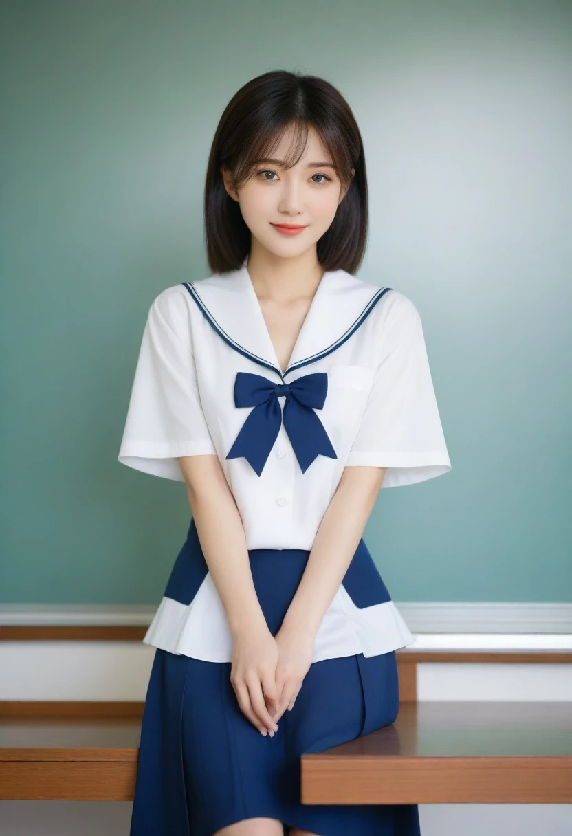8K, Ultra-high resolution, Highest quality, masterpiece, 三分割法によるphotograph,Surreal, photograph, 1 girl, (:1.3), pretty girl, Cute face, Beautiful eyes in every detail, 細かくdetailedに,masterpiece,, One Girl:1.2, Japan Female Announcer,whole body、Black Hair、well-groomed eyebrows、Cute Lip Makeup、Calm atmosphere、A short-sleeved shiny dark sailor suit、White sailor collar、Navy blue pleated skirt、Red ribbon、White Stockings、Standing by the window of a classroom、Cute gestures、so beautiful,A carefree smile,Healing the heart,short hair,Looking at the audience、beauty,Long neck、Laugh a little、Please close your mouth and laugh、(((Ideal body type))),A-cup small breasts :2,、Portraiture:2、Perfect Anatomy、鮮明なdetailed、detailed、Surreal、Light and shadow,Strong light