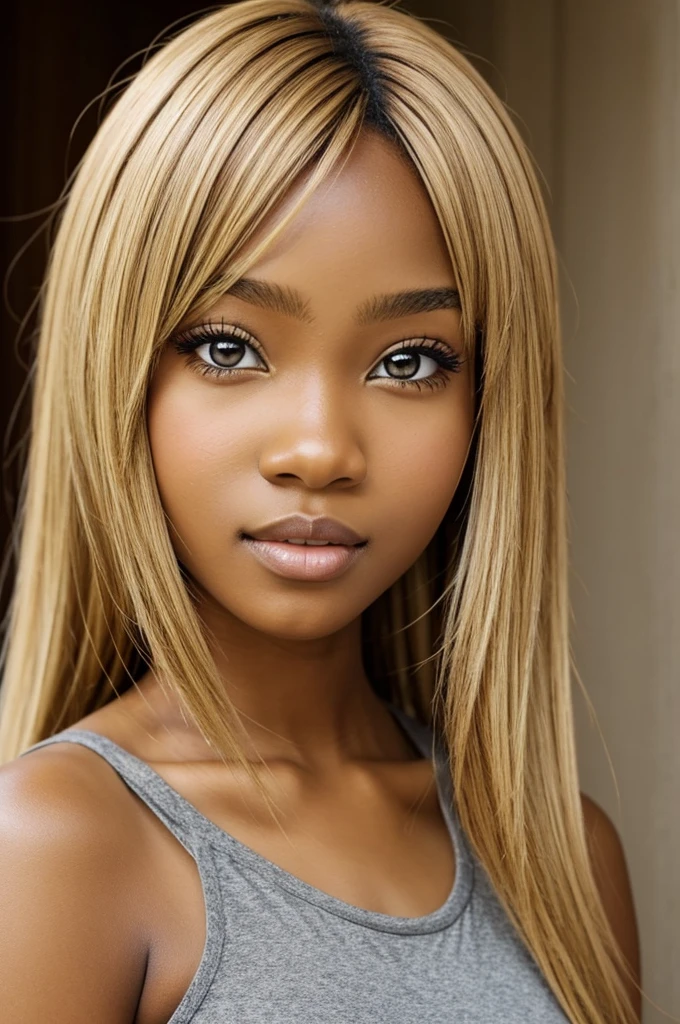brown skin anime girl, with brown eyes and blonde hair