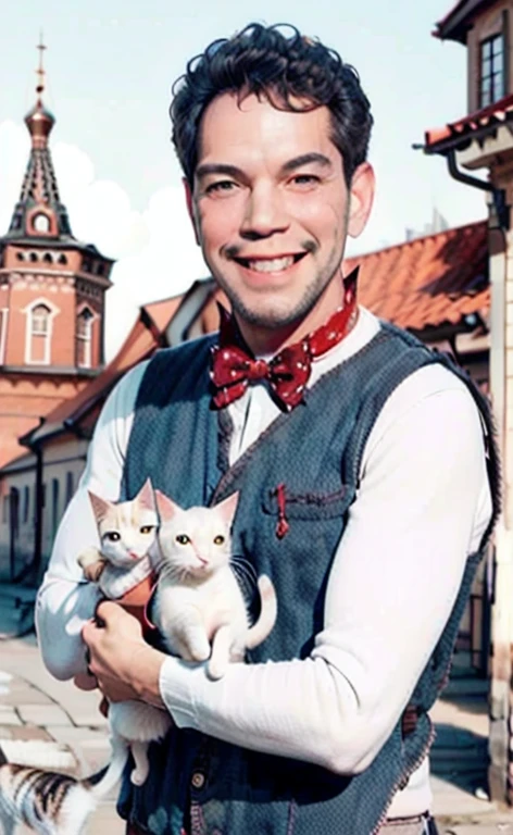 (Best Quality:1.2), man holding a white kitten, SMILE, red bow, looking to the camera, Soviet Union, poster,