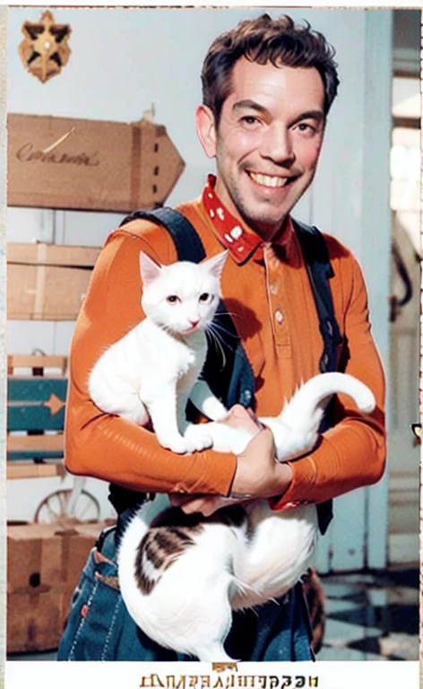 (Best Quality:1.2), man holding a white kitten, SMILE, red bow, looking to the camera, Soviet Union, poster, 