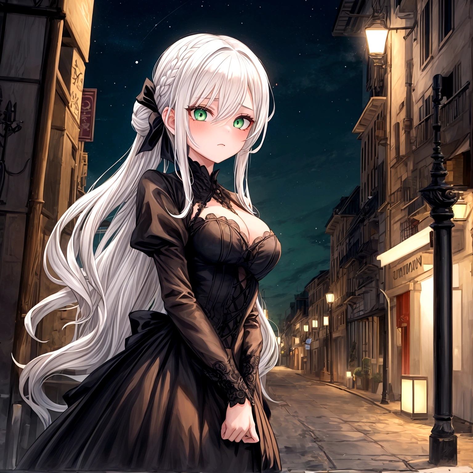 1 girl , 24 years , Updo hairstyle with waves at the ends, white hair, green eyes , night, vampire) night , street , sad