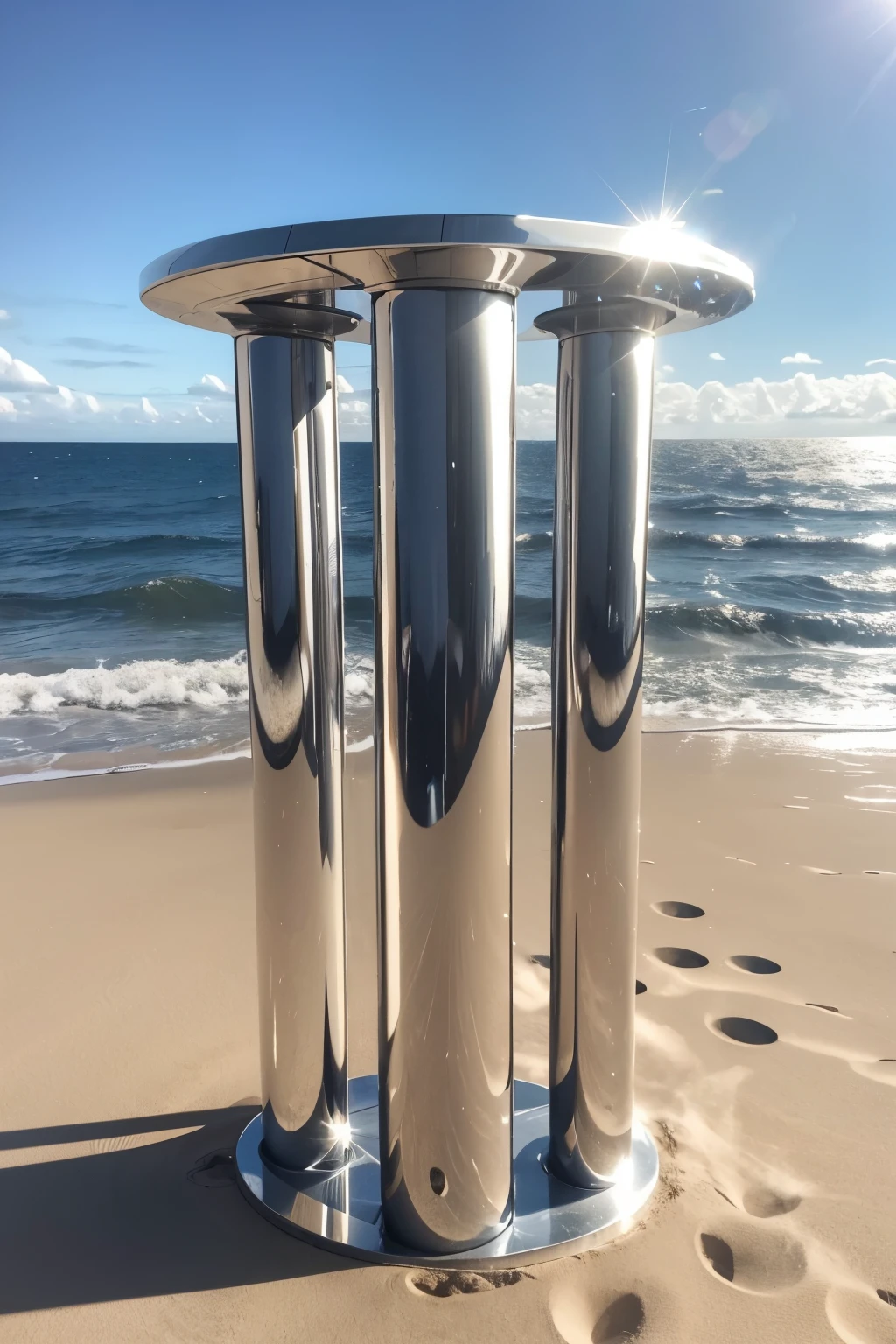 Create a photorealistic image of a giant half-bottle-shaped sculpture, based on the detailed description provided.
Description:
Object type: Shape Sculpture: Half Bottle Cut Vertically Size: 3 meters high and 2 meters wide Material: Metallic structure in galvanized iron tubes Details:
Circular base made of tubes Body made of parabolic arcs of tubes Circular top made of tubes Smooth and shiny metal surface, with galvanized finish.
lighting: lighting natural suave, focusing on sculpture.
scenario: The sculpture can be positioned on a dune, with sea in the background, in front of a clear blue sky with some white clouds.
Art Styles:
Photo Realistic Hyper-realistic
