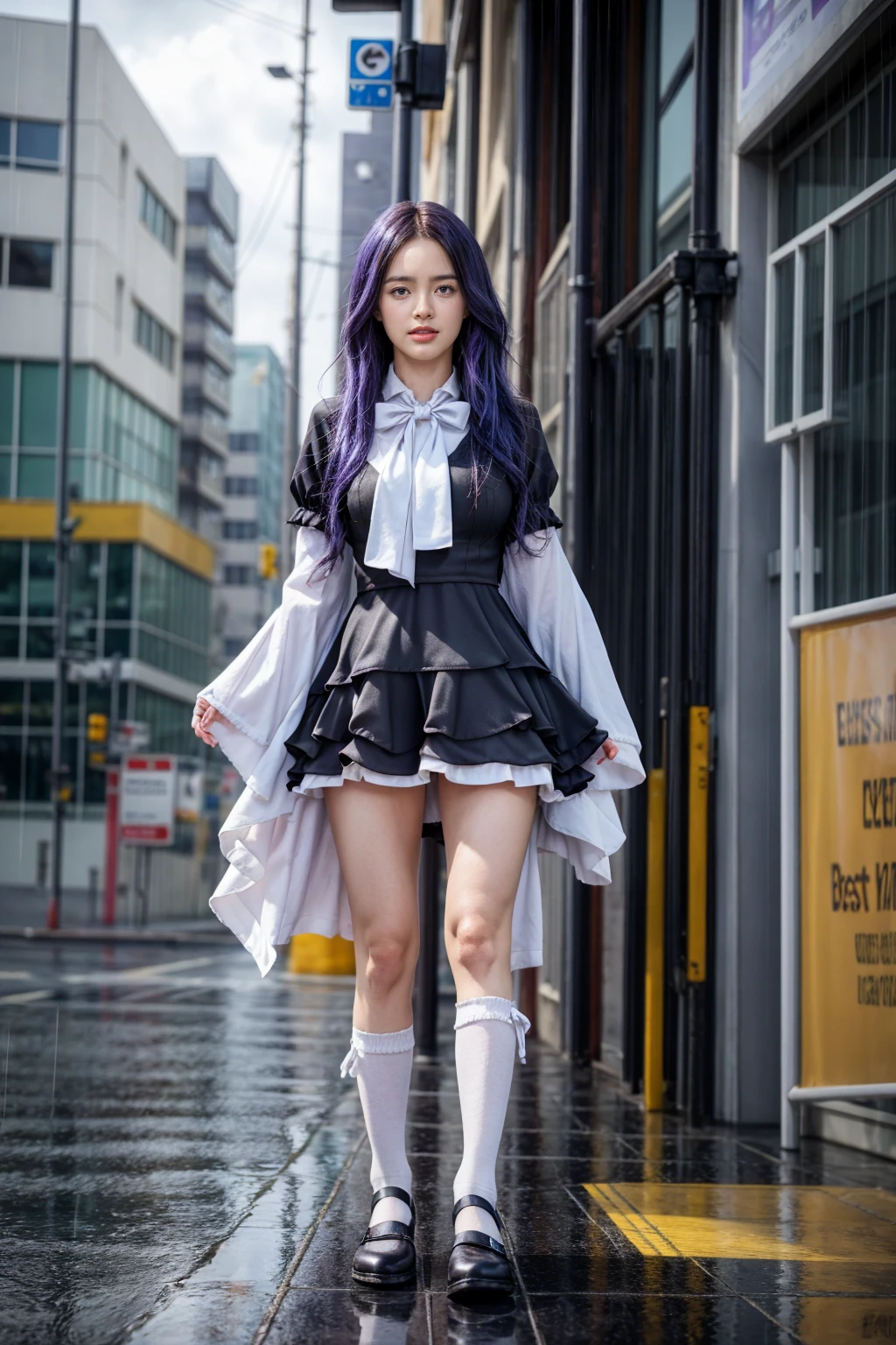 (masterpiece),best quality, frederica bernkastel,dress,  tail bow, cat tail, bowtie, purple eyes, purple hair,mary janes,  socks,  blank eyes, empty eyes,  (raining day:1.2), cloud, street, sidewalk, wet clothes, photorealistic, ((16k photography)), detailed face, ((Best Quality, Masterpiece: 1.3)), Sharp Focus: 1.2, A Beautiful Woman with Perfect Figure: 1.4, Slim Abs: 1.2, (Layered Hairstyle,: 1.2)), Rain: 1.3, Street: 1.2, Wet Body: 1.1, Highly Detailed Face and Skin Texture, Detailed Eyes, Double Eyelids, Big Breasts, Smile, irene1, CGI photography hyper realistic