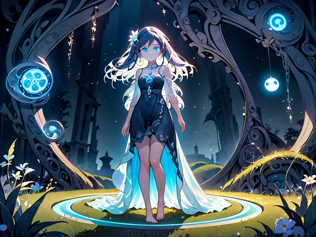 Full body.  Enchanted witch encountering an alien life form, Magic ghost flower from the abyss, Lit by bioluminescent plants, Very detailed, Glowing lawn, Art Nouveau influences, Amazing moon art.  (Hair with luminescence), (detailed pearl blue eye), goddess soul, (Magic Swirl Style), looking at the viewer, detailed face, bare feet.  Wide and deep scenery, several planes of depth, cinematic and dynamic scene, epic atmosphere.  (Luminescent Lighting Magic Circle Theme), perched on a ledge, tight neon body, light stripes, dark abyssal wanderer, (Luminescent Neon Long Dress with Celtic Details), inscribed with mystical runes, dystopian outdoor background.