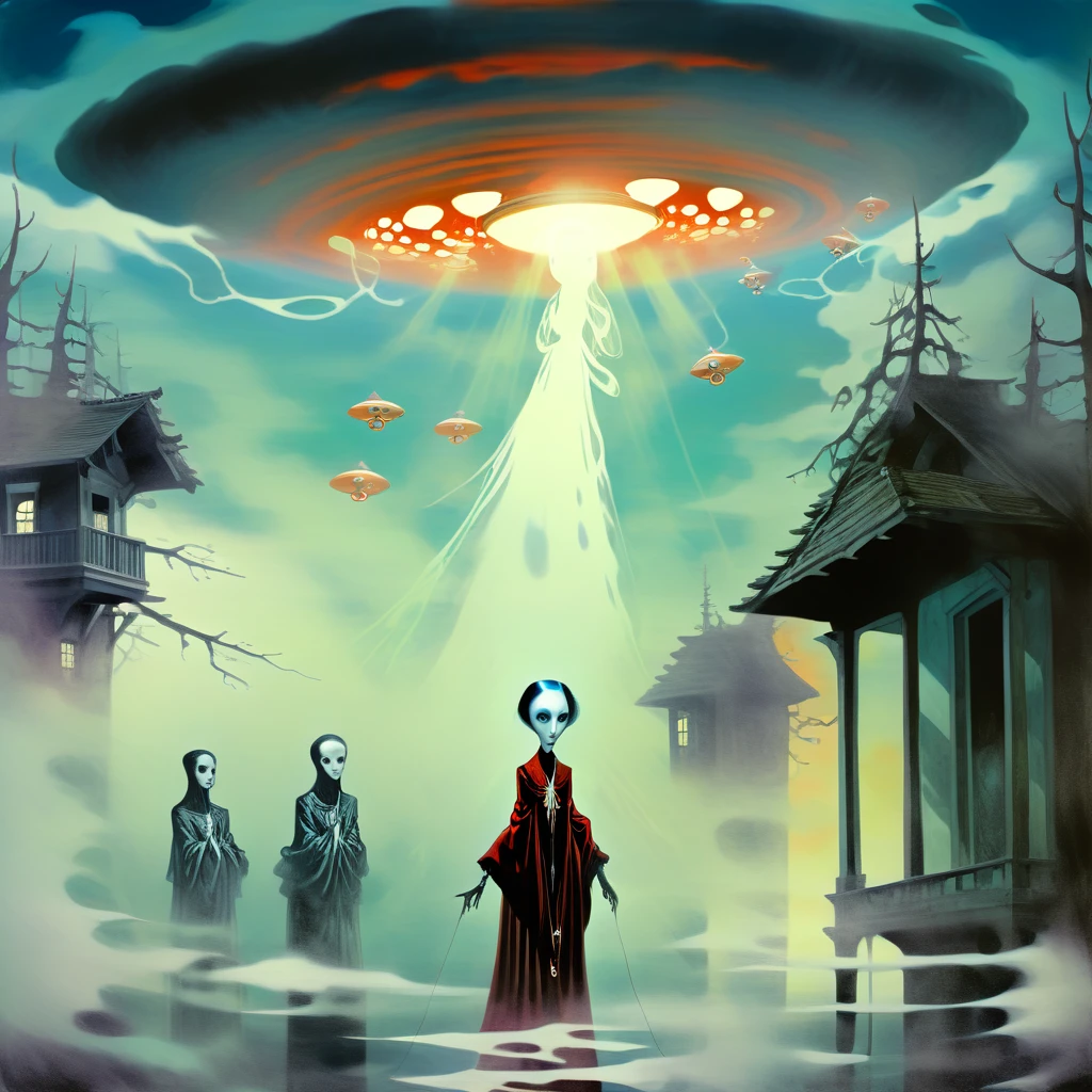 High Resolution, High Quality , Masterpiece .Hyper-realistic ink drawing with surreal colors, elements of absurdity in the style of Gerald Brom featuring post mortems aflame as a reference to tim Burton,bloodletting, broken hearts, pillls, and hemoglobin bubbles ascending into a firie sky, chiaroscuro lighting enhancing symbols of departed love, a Ufo adorned with angels emitting an air of melancholy, atmospheric mood. Macabre horror,scary stories slight details, surrealism, expressionism
