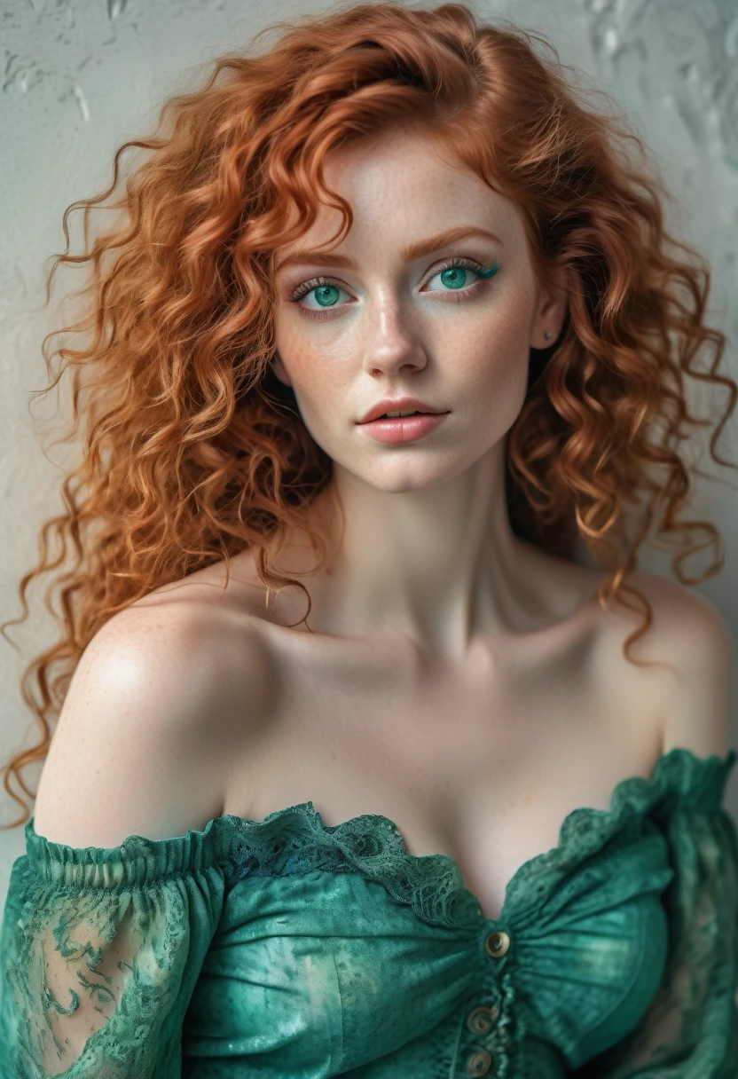 

artistic watercolor with oil tint detailed shot of a curly redhead woman, intricate beauty, luxurious bright emerald eyes, UHD, 8k, dynamic lighting, Iridescent accents, realism, ultra detailed, matte pastel colors, Leaning against the wall, wearing a powder white off shoulder poet top, teal boho skirt, Eye contact with the camera, parts