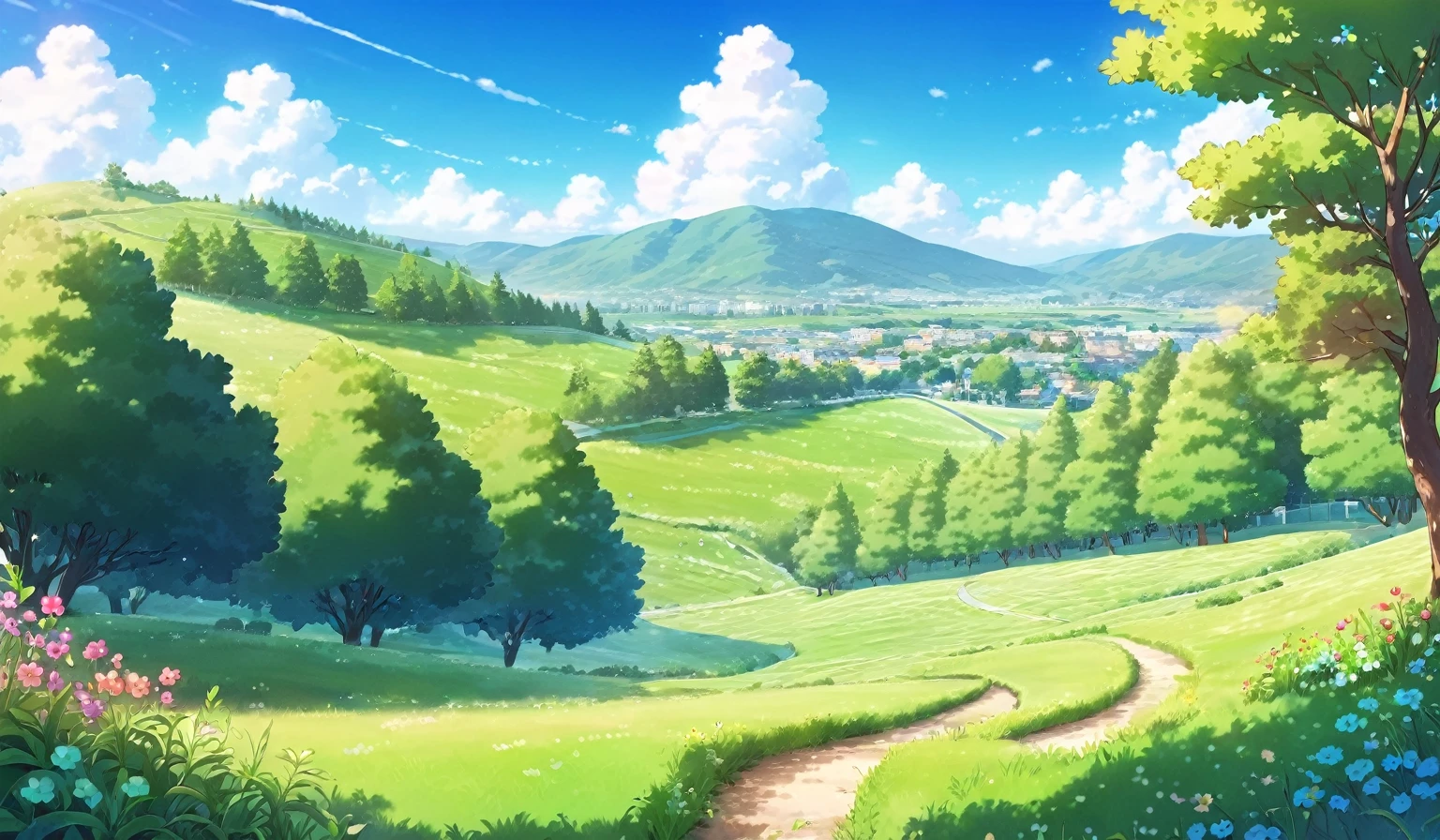 kawaii, outdoors, sky, clouds, tree, no humans, grass, plant, nature, scenery, hill on an incline, pastel colors,
