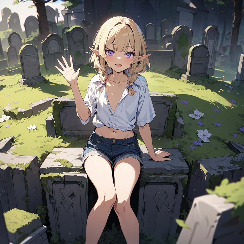 ((Masterpiece)), ((best quality)), (Anime:1.4), (super detail:1.2), (High Definition:1.3), (Professional Photography:1.3), (wide shot), (sharp focus), (perfect light), ((12 years old)), (1girl), cute young girl, (nauhty smile), open mouth, glitter eyes, (Beautiful purple eyes:1.2), (dark skin), elf girl, ((white buttoned shirts)), undress buttoned shirts, small breast, cute navel, exposed neck and Beautiful collarbone, (Healthy slim body), (loose blunt bangs), loose braids hair, (medium hair), ((beautiful blond hair)), short shorts, BREAK, ((best quality)), sitting on the grave, (waving hand), ((in the Mossy graveyard)), (super detail:1.2), sunnyday,