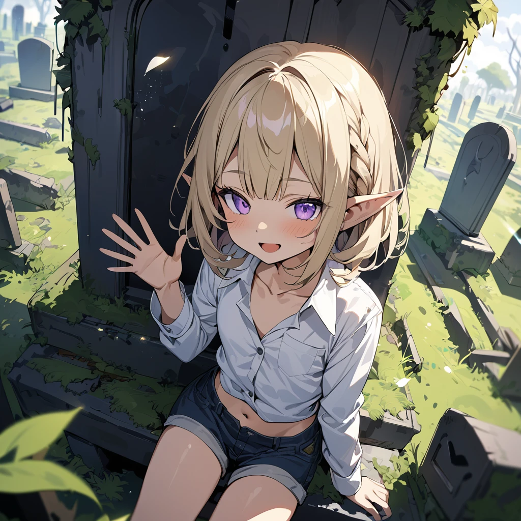 ((Masterpiece)), ((best quality)), (Anime:1.4), (super detail:1.2), (High Definition:1.3), (Professional Photography:1.3), (wide shot), (sharp focus), (perfect light), ((12 years old)), (1girl), cute young girl, (nauhty smile), open mouth, glitter eyes, (Beautiful purple eyes:1.2), (dark skin), elf girl, ((white buttoned shirts)), undress buttoned shirts, small breast, cute navel, exposed neck and Beautiful collarbone, (Healthy slim body), (loose blunt bangs), loose braids hair, (medium hair), ((beautiful blond hair)), short shorts, BREAK, ((best quality)), sitting on the grave, (waving hand), ((in the Mossy graveyard)), (super detail:1.2), sunnyday,