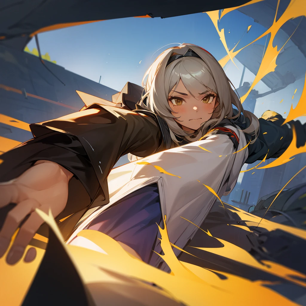 1girl, amiya \(arknights\), arknights, dirty face, outstretched hand, close-up, cinematic angle, foreshortening, dark, dark background, masterpiece, best quality