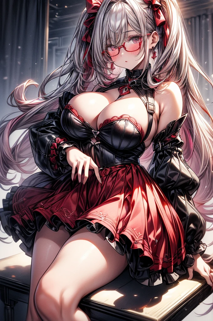 masterpiece, best quality, high-resolution, finely detailed, extremely detailed and beautiful, distinct_image, 1 girl, solo, beautiful young age girl, 13 ynned white skin, long waist length hair(pink-red hair)(white highlights), soft facial features, heterochromatic eyes(left eye: silver)(right eye: red), elegant battle-styled sundress, cherry red plump lips, large E-cup breasts, short height(150cm). wide hips and plump large round ass, silver round-frame glasses, athletic and toned body