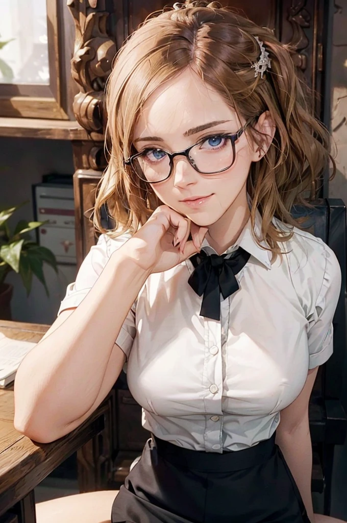 Masterpiece, 最high quality, high quality, High resolution, high quality texture, high quality shadows, High resolution, Beautiful details, Detailed CG, Detailed Texture, Realistic representation of face, Realistic, colorful, delicate, Cinematic Light, Side light, Lens flare, Ray Tracing, sharp concentrated, (1 Girl,concentrated:1.3), ( Intricate details, compensate, PureErosFaceV1:0.5), (細部まで美しいdelicateな顔, 緻密で美しいdelicateな瞳, Perfect Facial Proportions, Dense skin, Optimal ratio of four fingers to one thumb,Unified 8k wallpaper, Arms under chest, Modest chest, Wide Hips, Smooth upper abdomen, 35 years old, blue eyes, glasses, air fortress hair, blonde hair, house wife, the gaze of true love, lips of temptation, A look full of compassion ,a smile full of love, i love you, Acting lovey-dovey, I love you so much I'm crazy,
cabin attendant uniform,white blouse,tight fitting black skirt,black stockings, excellent secretary ,working as a secretary, wooden desk, wooden chair