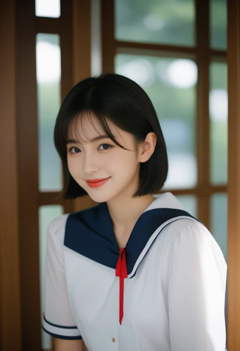8K, Ultra-high resolution, Highest quality, masterpiece, 三分割法によるphotograph,Surreal, photograph, 1 girl, (16 years old:1.3), pretty girl, Cute face, Beautiful eyes in every detail, 細かくdetailedに,masterpiece,, One Girl:1.2, Japan Female Announcer,whole body、Black Hair、well-groomed eyebrows、Cute Lip Makeup、Calm atmosphere、A short-sleeved shiny dark sailor suit、White sailor collar、Navy blue pleated skirt、Red ribbon、White Stockings、Standing by the window of a classroom、Cute gestures、so beautiful,A carefree smile,Healing the heart,short hair,Looking at the audience、beauty,Long neck、Laugh a little、Please close your mouth and laugh、(((Ideal body type))),A-cup small breasts :2,、Portraiture:2、Perfect Anatomy、鮮明なdetailed、detailed、Surreal、Light and shadow,Strong light