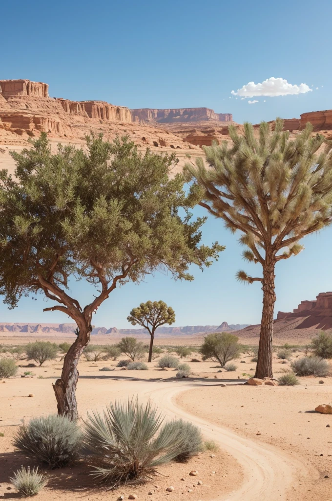 A lush landscape in the middle of the desert with a dry tree in the background.