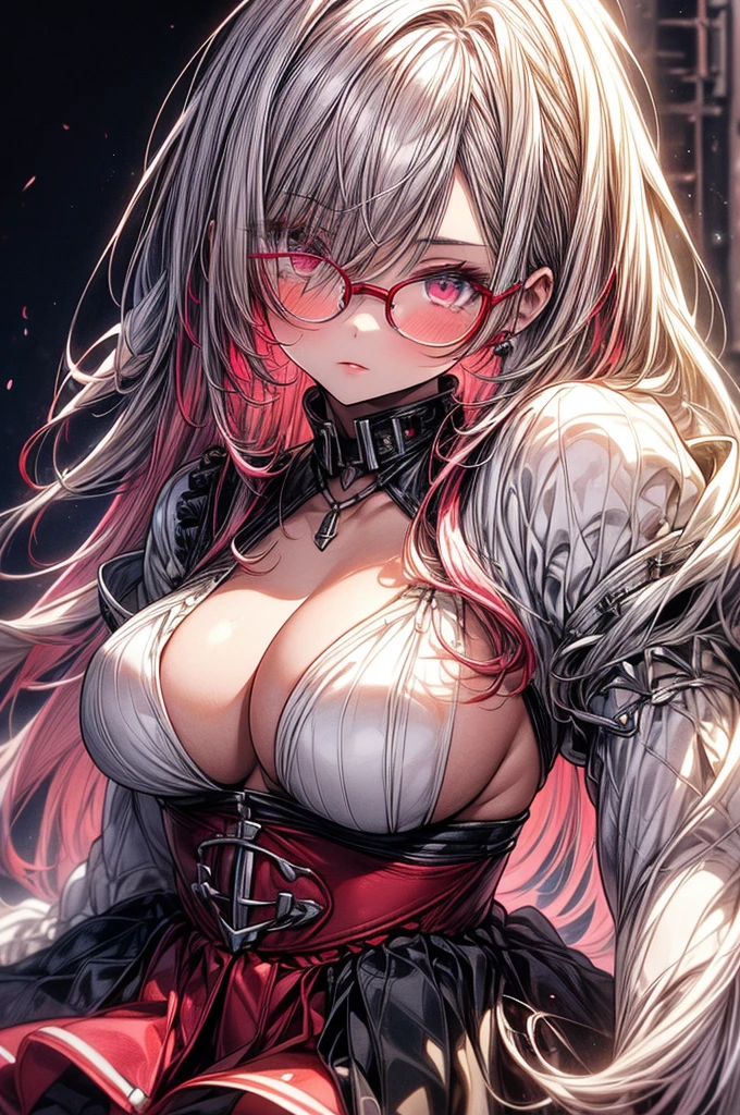 masterpiece, best quality, high-resolution, finely detailed, extremely detailed and beautiful, distinct_image, 1 girl, solo, beautiful young age girl, 13 ynned white skin, long waist length hair(pink-red hair)(white highlights), soft facial features, heterochromatic eyes(left eye: silver)(right eye: red), elegant battle-styled sundress, cherry red plump lips, large E-cup breasts, short height(150cm). wide hips and plump large round ass, silver round-frame glasses, athletic and toned body