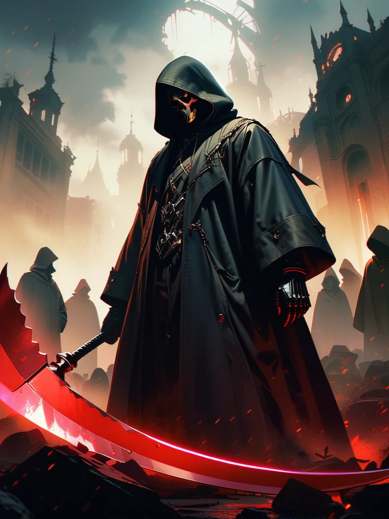 Black Death, oil, Highly detailed illustration, Flowing black robe and hood, Impressive skeletal face with sunken eyes and sharp teeth, holding a Scythe with a long, Curved blade, (Scythe), Surrounded by foggy graveyards, The moonlight illuminates the landscape, Dark and spooky atmosphere, High contrast between light and shadow, Dramatic lighting. (Highest quality, 4K, High resolution, masterpiece), Super detailed, Realistic, Gothic art style, Desaturated colors with deep purple and blue tints, Strong chiaroscuro effect, Black color scheme、Background white