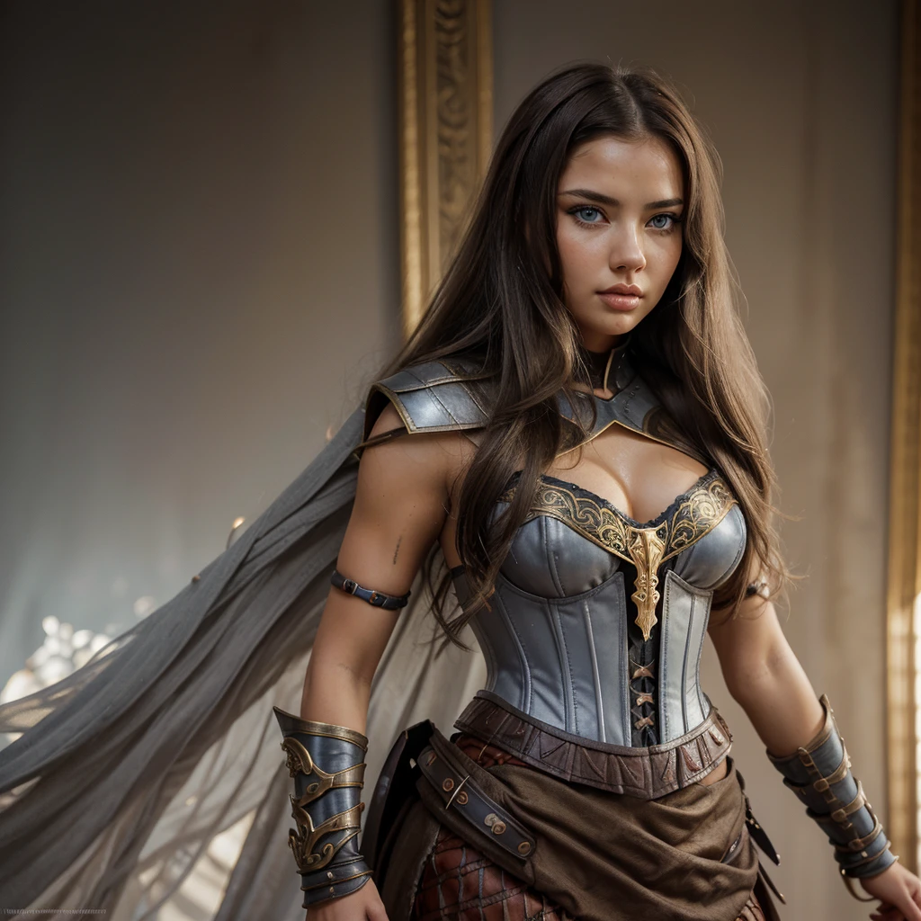 Adriana Lima, thick brown hair, chaude menue, Fille ukrainienne, Wavy brown hair, Dasha Taran, jolie belle brune, (solo one girl : 2.0), ((perfect anatomy)), Masterpiece, watercolor: High resolution. Very detailed. realistic. ultra-realistic. Hlaf-body of female. Young woman about 20 years old. 1girl. Nordic. Delicate facial features. detailed face. Defiance face. Looking dawn. ((Pretty Big blue eyes)). Big eyes. Evil eyes. Very light white skin. ((Pretty long light grey hair)). Straight hair. layered hair (hair parcial cute at shoulders). (Cut hair at back). Bangs. Hair blowing in the air. Wing helmet. Golden ornate bracelet on right arm. Dark blue cloak. Dark grey ornate armor corset. Golden details on corset. Long dark red skirt. Titanium detailed spear above left hand.. Cosmic background. Cinematic light.