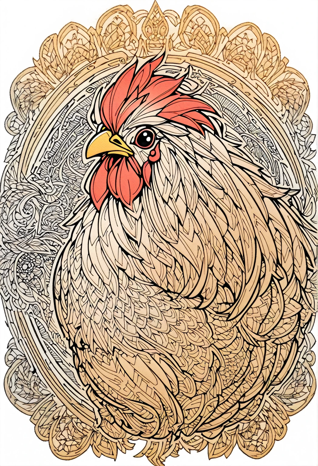 a coloring page with a rooster, ((((black and white coloring)))), Coloring book outline, Detailed line art, clean coloring book page, stylized lines, art outline, detailed drawing in 4k, line art coloring page, detailed art, hyper Detailed line art, detailed digital drawing, Coloring Pages, coloring pages, extremely fine ink linear animal mandala