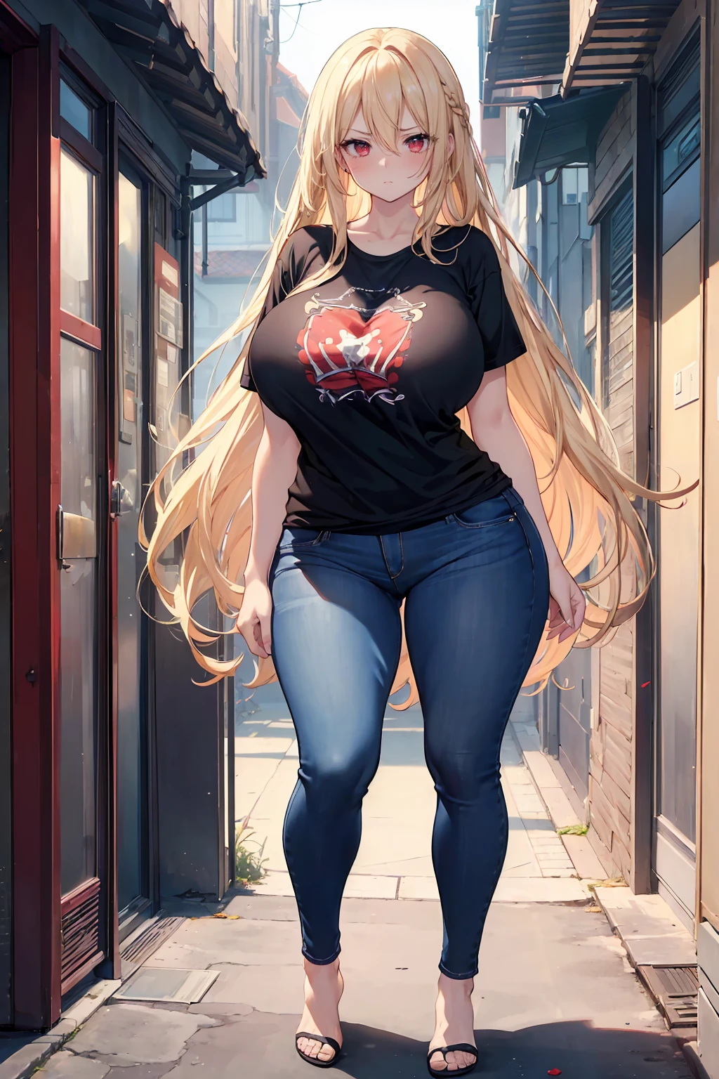 (Best quality: 1.5), (masterpiece: 1.5), (character in the center), (absurdity), (4k wallpaper), (detailed eyes), (pretty eyes), (perfect hands), (perfect fingers ), (Beautiful skin), (perfect body), (good proportions), (perfect shadows), (full body), (perfect light), (detailed eyes), (detailed face), (masterpiece), (voluptuous body ), (perfect anatomy), adult woman, , matuan, long blonde hair, red eyes, wears jeans and a t-shirt, angry face and blushes with shame, has a wedding ring on her left hand, huge breasts, ouge thighs, perfect thighs, she is standing outside the door of her apartment saying goodbye to her husband with her son, a boy, behind her