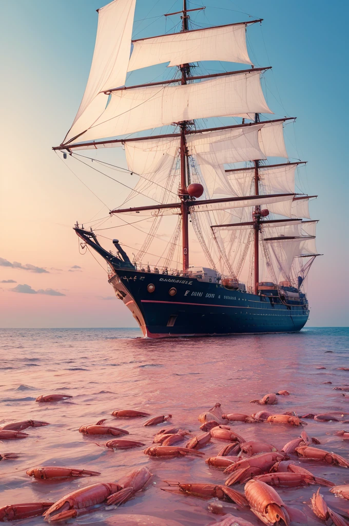 A ship on a sea of shrimps, many shrimps, pink sea, ship stuck 