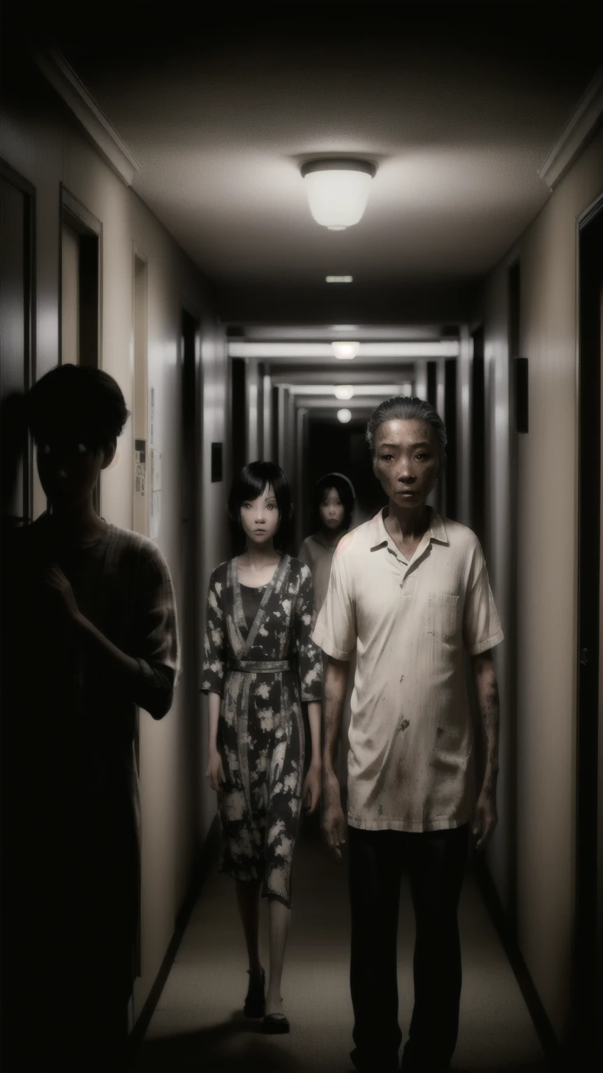 there are three people walking down a long hallway together, film still from a horror movie, award winning movie still, still from a live action movie, award winning horror photography, still from horror movie, still from the movie, movie still 8 k, horror film still, horror photo, award winning cinematic still, japanese horror movie footage, still from a movie