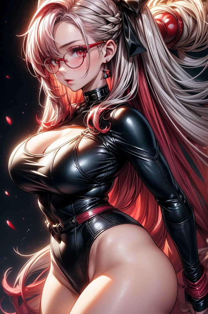 masterpiece, best quality, high-resolution, finely detailed, extremely detailed and beautiful, distinct_image, 1 girl, solo, beautiful young teenage girl, s old, tanned white skin, long waist length hair(pink-red hair)(white highlights), soft facial features, heterochromatic eyes(left eye: silver)(right eye: red), elegant battle-styled sundress, cherry red plump lips, large E-cup breasts, short height(150cm). wide hips and plump large round ass, silver round-frame glasses, athletic and toned body