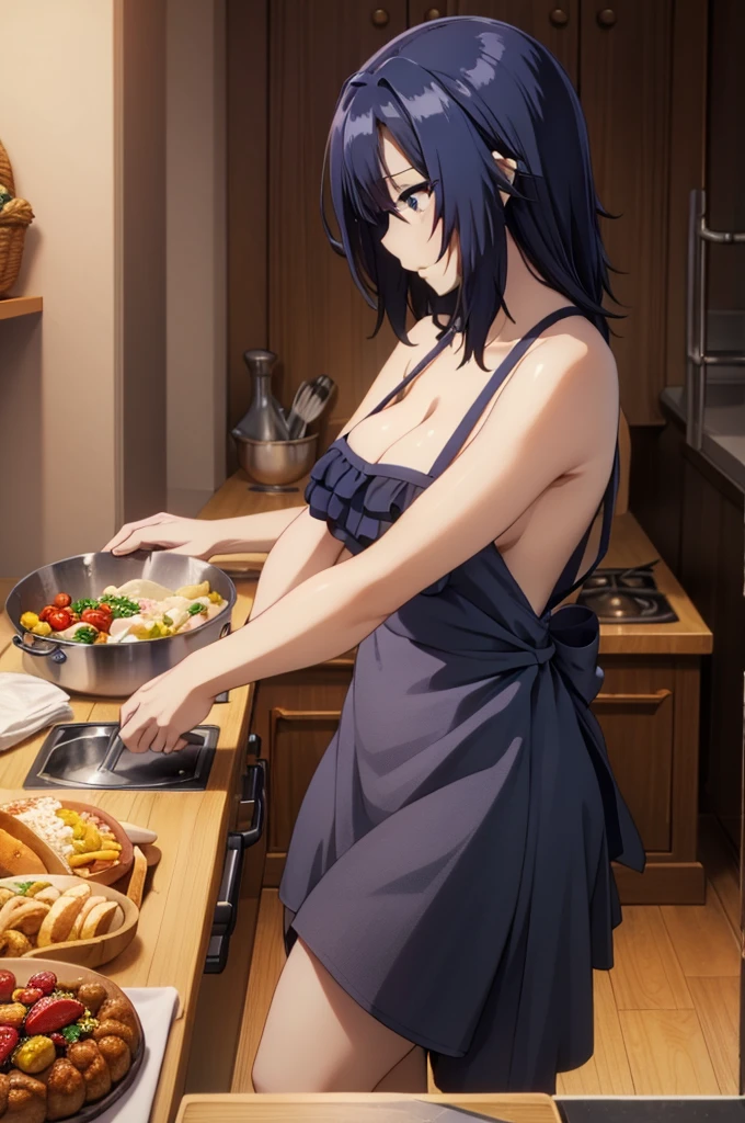 Perfect anatomy, (extremely detailed:1.0), absurdres,// naked apron, 1girl , sexy,breasts_squeezed_together, breasts squeezed together, 0.8v arms, Large breasts, breasts,, collarbone, Slender,// modern kitchen, Pots and pans, Cutting board, Chef's knife, food, , from side, High quality shadow, High quality light rays, Depth Of Field, Medium Full shot,blue eyes,blue hair,