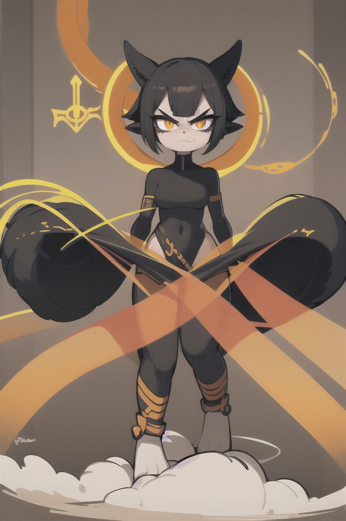 Original Character, (finely best quality illustration:1.1), (1girl, solo:1.1), (black short hair:1.1), (masterpiece, ultra high quality), (standing), (full body visible), (1girl), (solo), (female focus), elf ears, (snake-dog hybrid-cross-girl), (Messy pixie cut with hair covering face), (big eyebrows), (angry eyes), (long furry and scaly tail) (Cute anime snake eyes), (limbless female body) Dog-Snake hybrid beastman, orange pupils, Black hair, Furry, (1 girl), (angry eyes), (furry and scaly body)