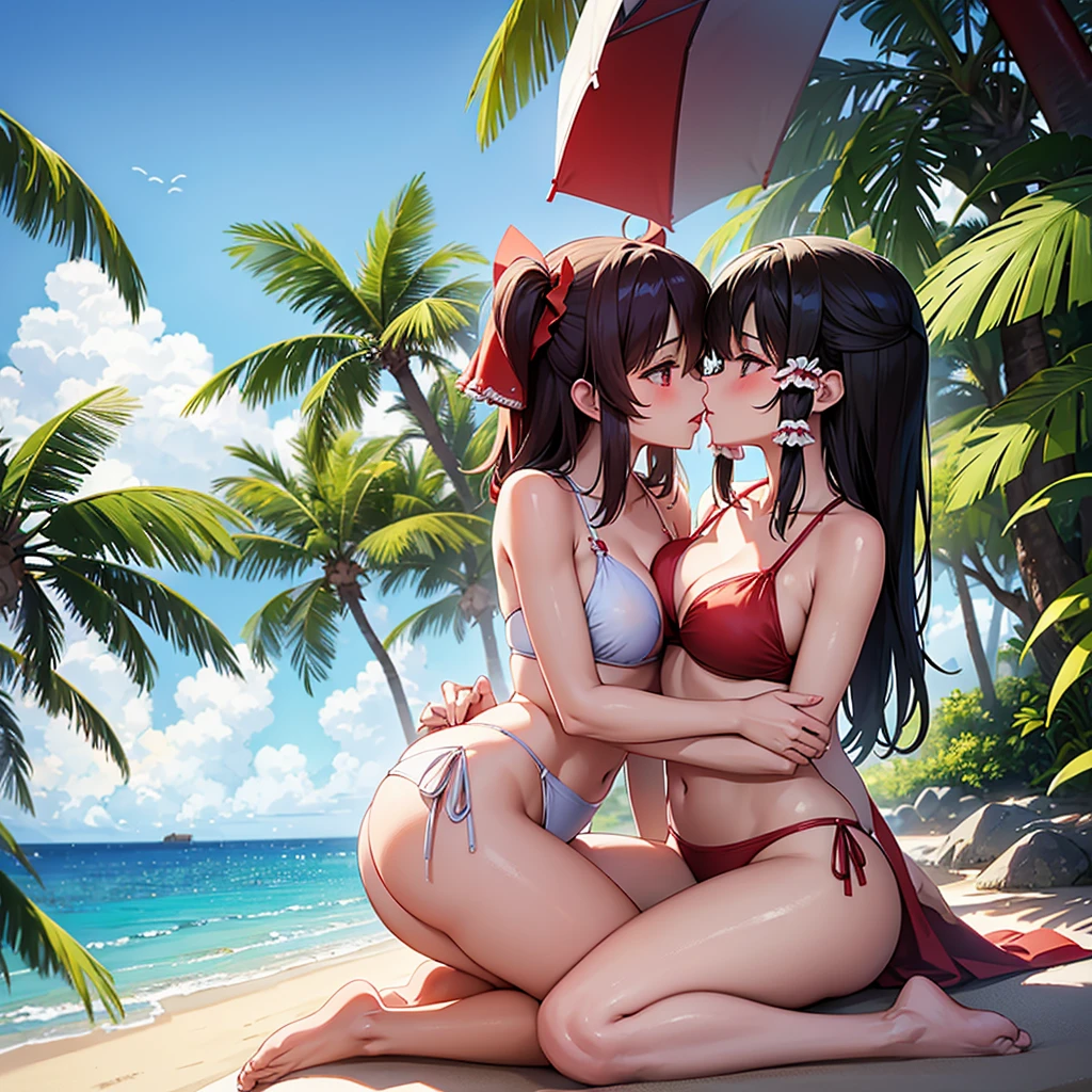 A beautiful view of Youmu Konpaku and Reimu Hakurei, both sitting on a banana in the beach. They are wearing wet bikinis and their bodies are pressed together. They are kissing each other and their lips are locked together