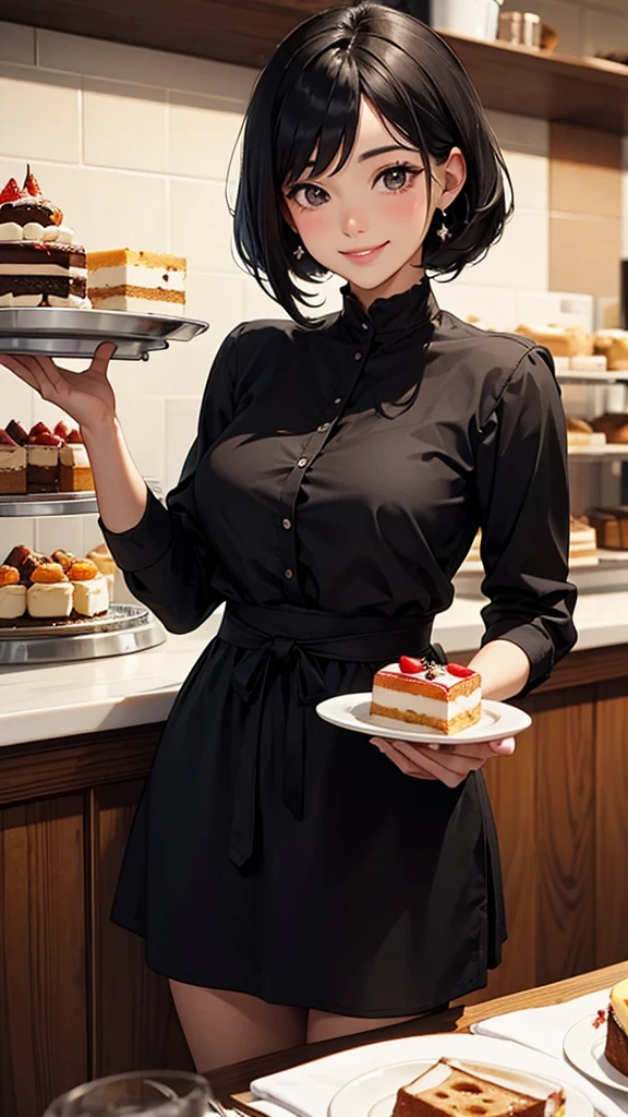Beautiful black-haired woman smiling while looking at delicious cakes in a cafe