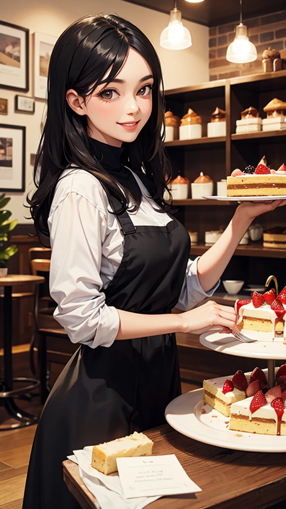 Beautiful black-haired woman smiling while looking at delicious cakes in a cafe