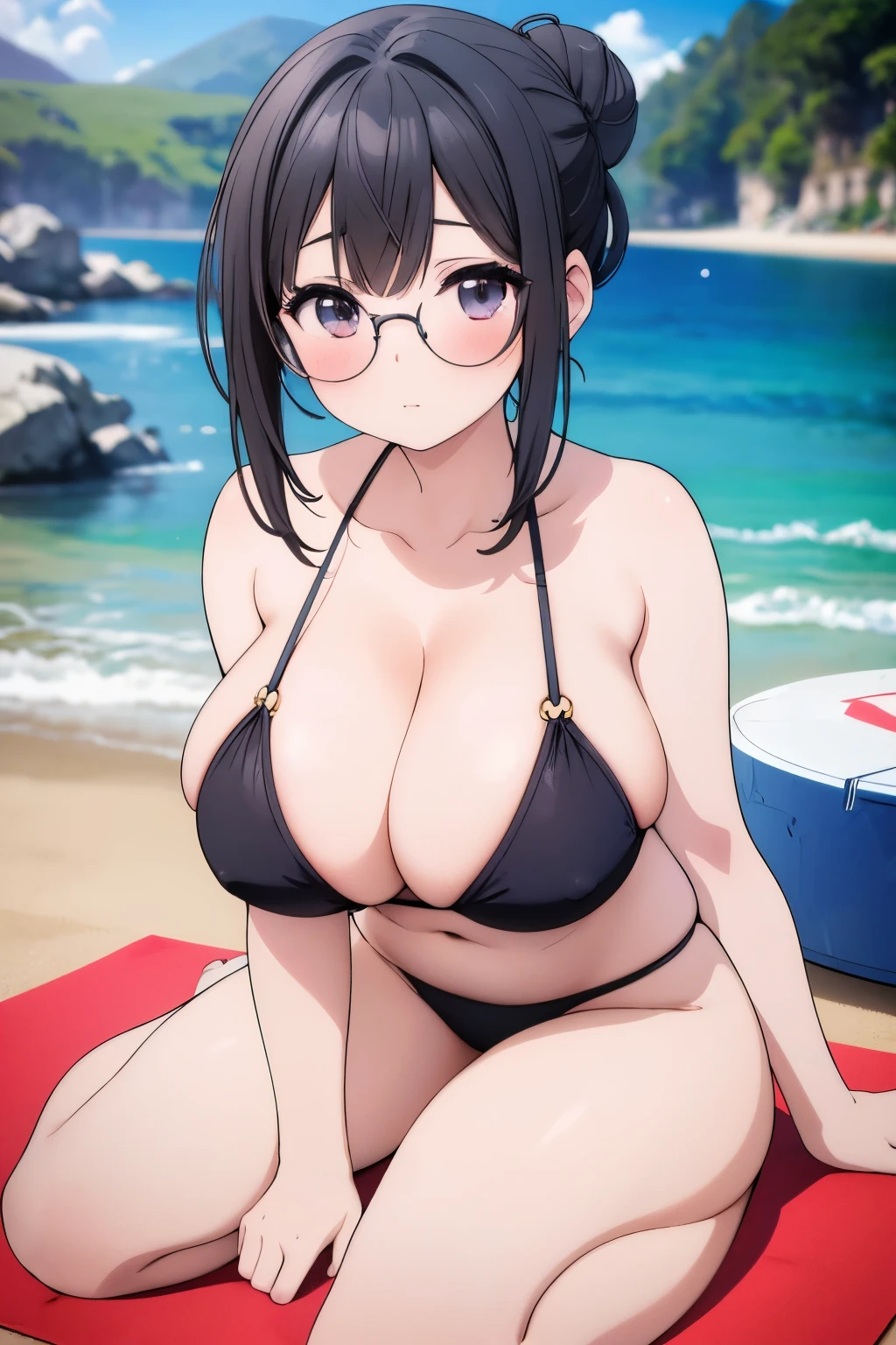 A young girl, short dark hair tied up in a bun, round sunglasses, thin black bikini showing cleavage, natural huge breasts, big thighs, plump body, laying down on beach mat, sunbathing pose, vibrant colors, sunny beach, (best quality,4k,8k,highres,masterpiece:1.2),ultra-detailed,(realistic,photorealistic,photo-realistic:1.37),HDR,UHD,studio lighting,ultra-fine painting,sharp focus,physically-based rendering,extreme detail description,professional,vivid colors,bokeh,photography