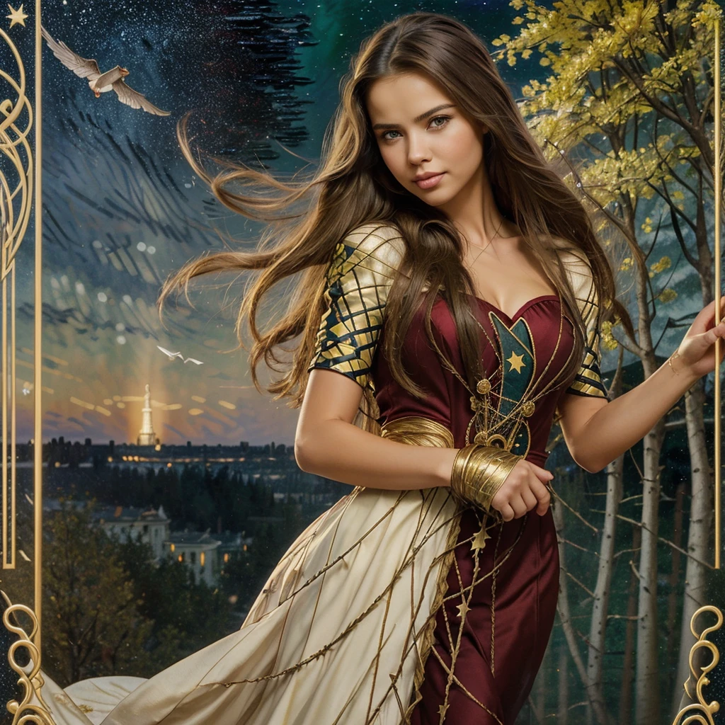 Adriana Lima, thick brown hair, hot , Ukrainian girl, wavy brown hair, Dasha Taran, pretty beautiful brunette, (solo one girl : 2.0), ((perfect anatomy)), ((Masterpiece:1.2, The best quality)), 1woman, only, (witch has), blond hair, long hair, dress, Aurora, evening, Star (sky), gloves, sky, White dress, evening sky, Open mouth, starrysky, gold eyes, Love, Very long hair, Red dress, They are smiling, Hair Love, cable, blond hair, (bird), magical, casting spell, dark clouds, evening, (Impressionism:1.4), (tarot:1.3), alphonse much