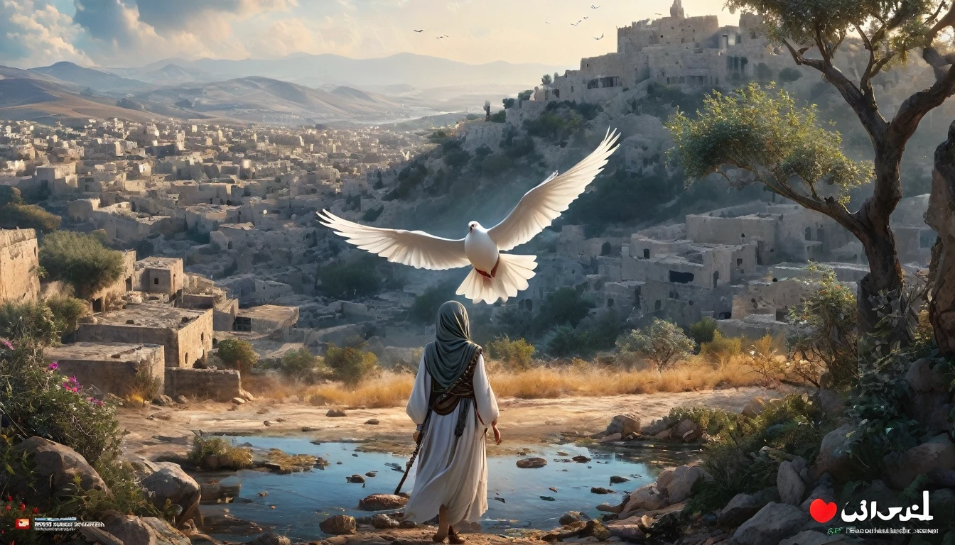 Design a heartfelt cover for a YouTube song cover featuring a young Palestinian with expressive eyes full of tears, wearing traditional clothing. The background should depict a bleak, war-torn landscape with a hint of destruction and a glimmer of hope. Incorporate symbols of peace, such as an olive branch or a white dove, and use muted dark colors with light accents. (detailed, realistic, 8k)