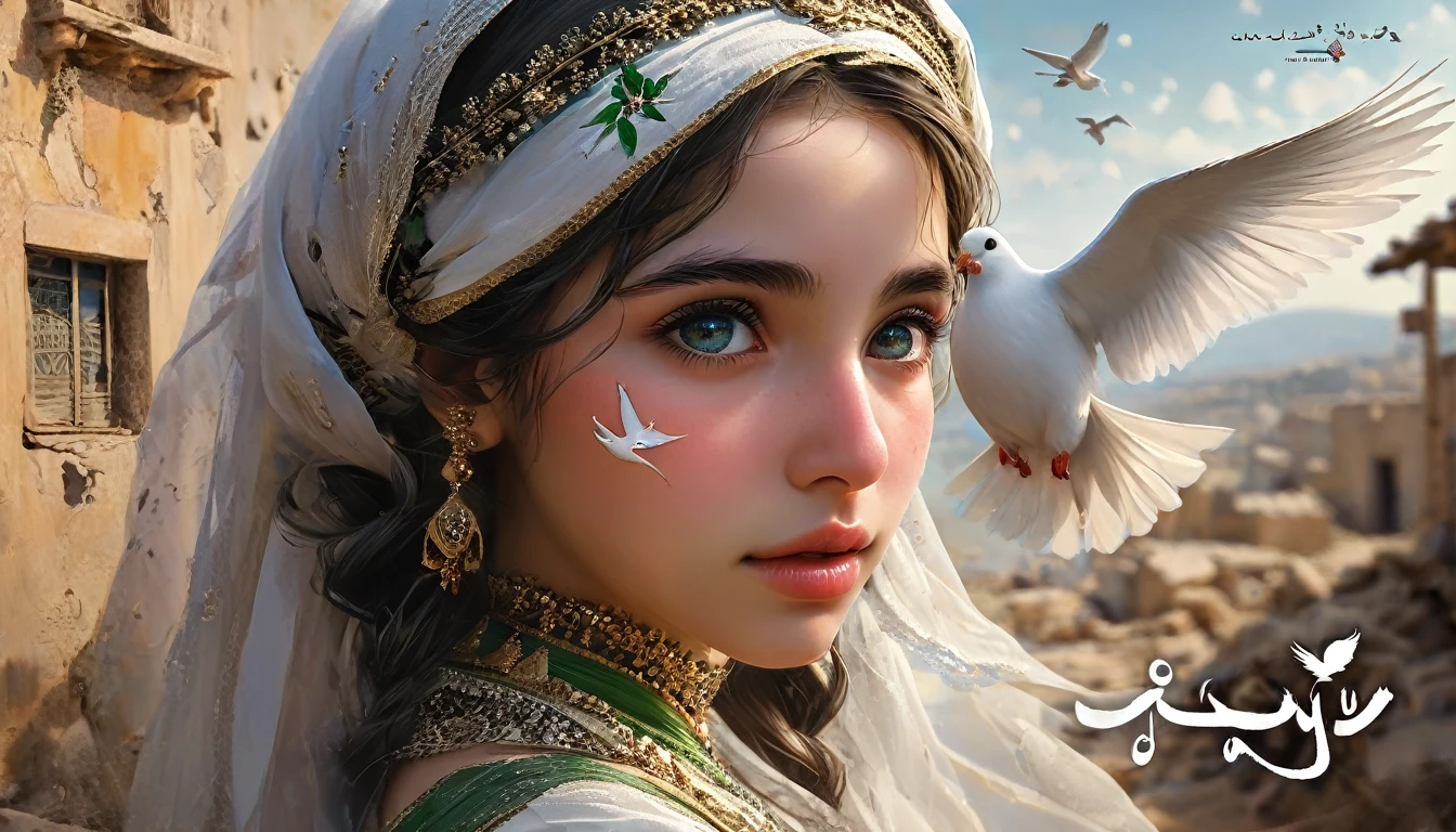 Design a heartfelt cover for a YouTube song cover featuring a young Palestinian with expressive eyes full of tears, wearing traditional clothing. The background should depict a bleak, war-torn landscape with a hint of destruction and a glimmer of hope. Incorporate symbols of peace, such as an olive branch or a white dove, and use muted dark colors with light accents. (detailed, realistic, 8k)