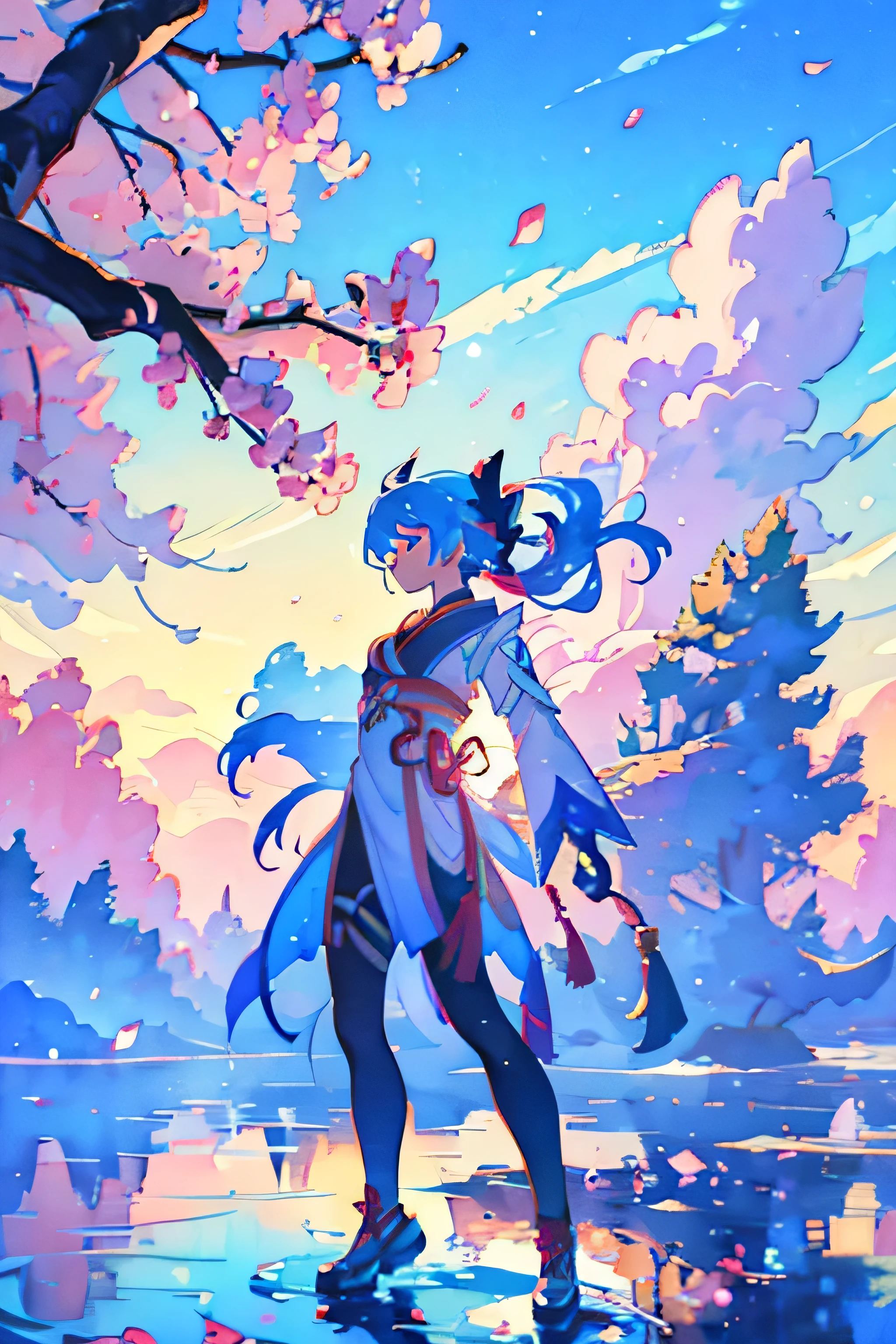 (luxury masterpiece), (highest quality), (dramatic)
Colorful smoke, spring, cherry blossom petals, beautiful butterflies, a girl, ninja, wearing a beautiful kimono, comic style, anime style illustration, delicate details, cool, cute, blue sky colored hair, beautiful features , shiny hair, hair tied with a red ribbon, shuriken, front view, combat stance, throwing shuriken, watercolor painting, colorful, glitter, rays of light, brush art, blue eyes, watercolor background Clouds, standing on the tree, overlooking the city, water dragon flying, scattered with bright colors