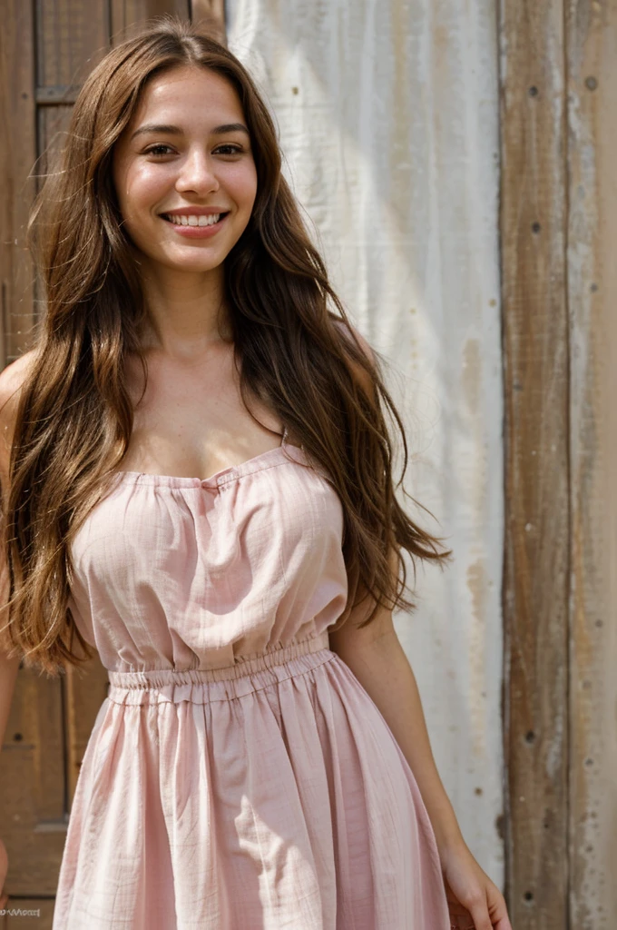 a photo-realistic portrait of a beautiful Palestinian woman with long brown hair, pink dress, white teeth, and a cute smile, with highly detailed and realistic facial features, modest expression, and realistic white skin tone